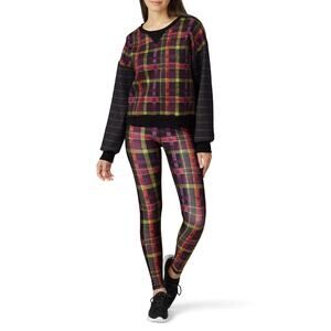 Terez As If Sweatshirt S Black/Pink/Yellow Plaid Crewneck Scuba Knit Sweater